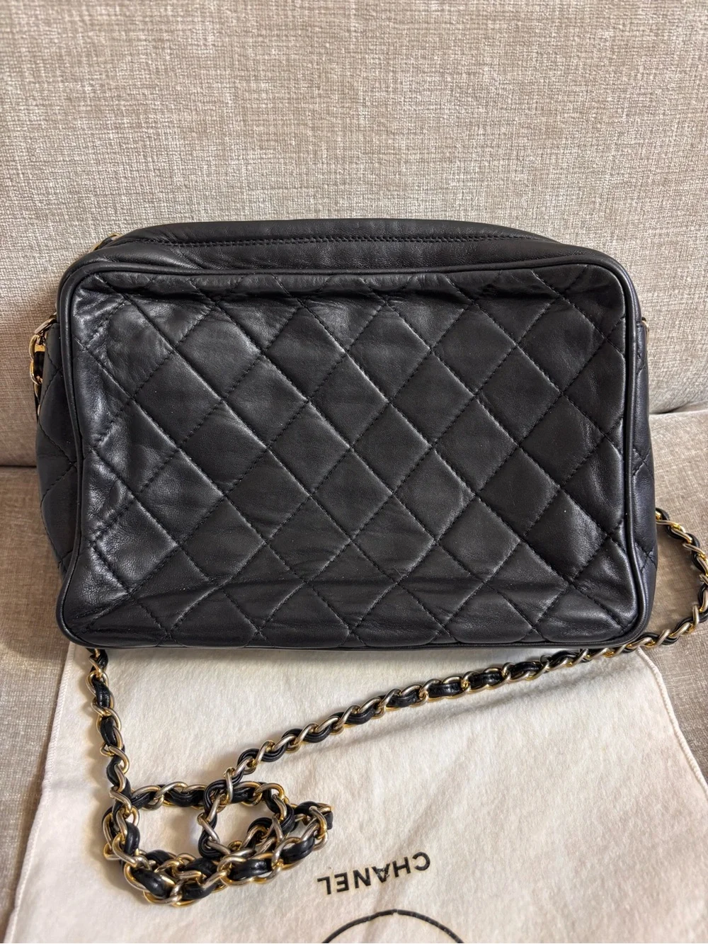 Authentic CHANEL vintage black lambskin tassel camera bag